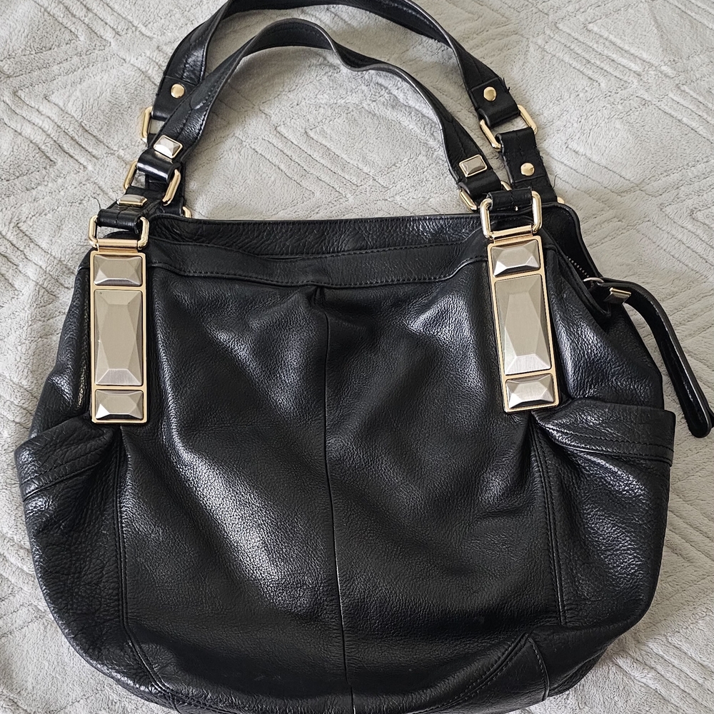 B. Makowsky Black and Gold Shoulder Bag with Soft Leather